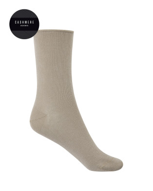 Plain cashmere / wool socks with rolled cuffs Color Beige - 1