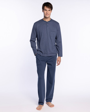 Pyjama long en coton imprimé, Retro Couleur Bleu marine - 1