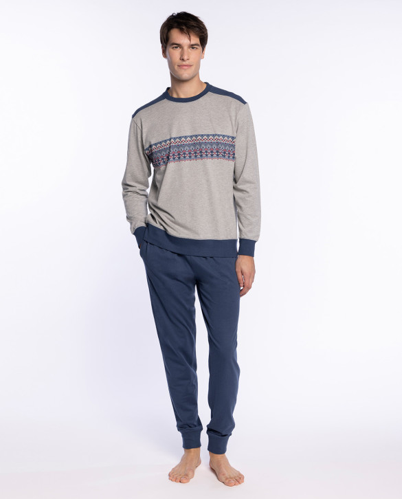 Pyjama long en coton, Retro Couleur Gris - 1