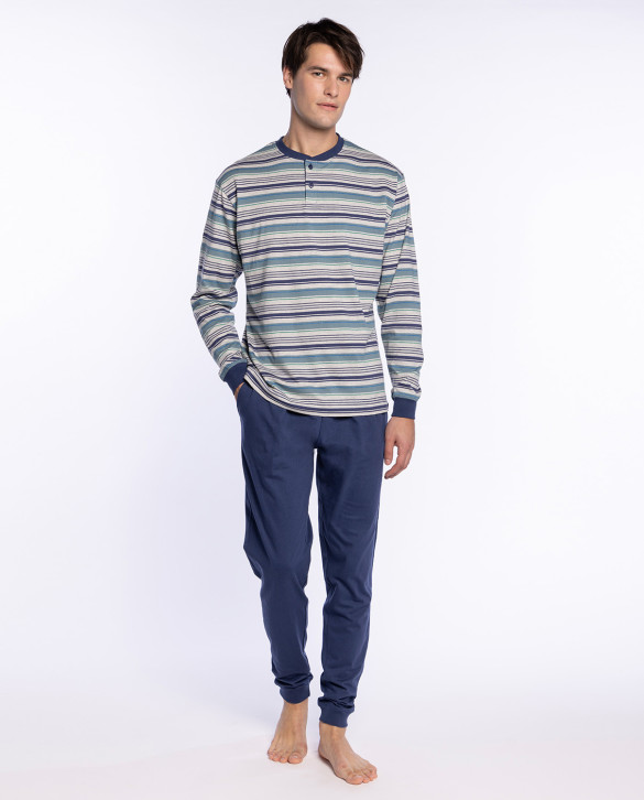 Pyjama long en coton à rayures, Refinement Couleur Gris clair - 1
