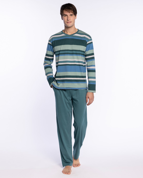 Long cotton striped pyjamas, Versatility Color Green - 1
