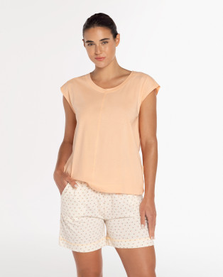 Pyjama court en coton, à fleurs, Romantisme Couleur Saumon - 1