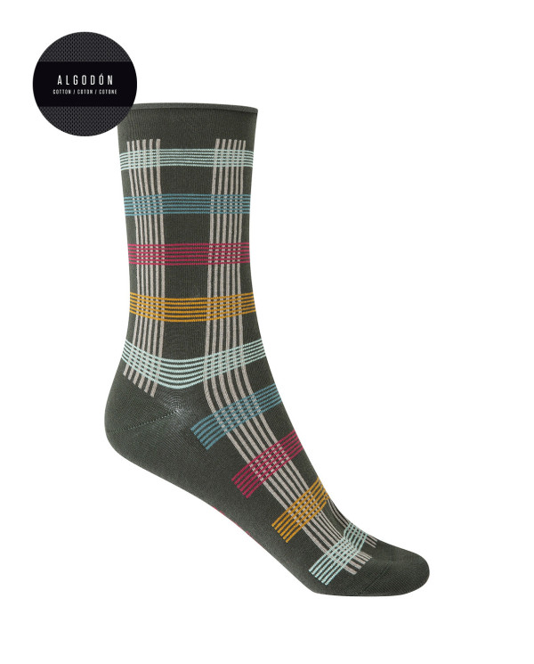Chaussettes en coton - à carreaux - revers roulé Couleur Vert - 1