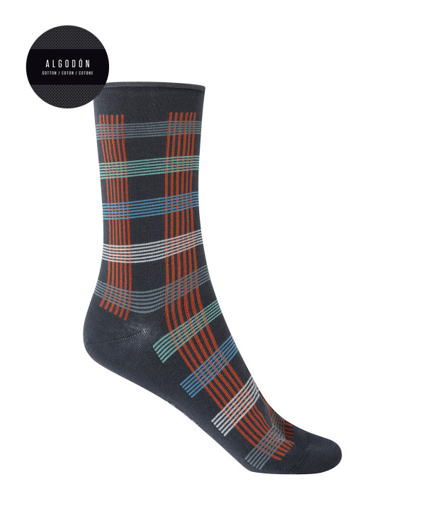 Chaussettes en coton - à carreaux - revers roulé Couleur Gris - 1