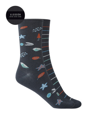 Pack of 2 pairs of cotton socks - fancy - rolled cuff Color Grey - 1