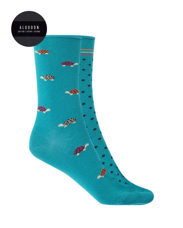 Chaussettes en coton - pois et tortues - revers roulé Couleur Bleu - 1