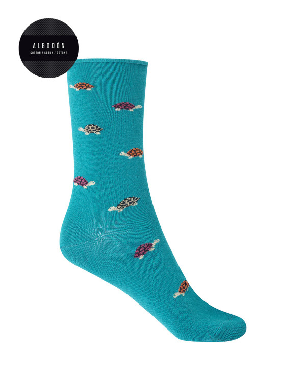 Chaussettes en coton - pois et tortues - revers roulé Couleur Bleu - 1 - 2 - 3