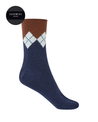 Chaussettes cachemire/laine - losanges - revers roulé Couleur Bleu marine - 1