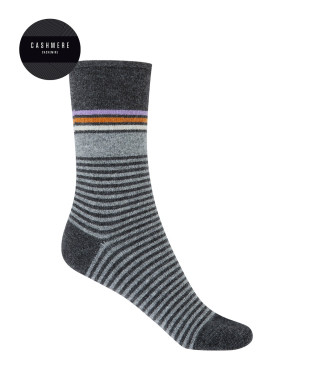 Chaussettes cachemire/laine - rayures - revers roulé Couleur Gris fonce - 1
