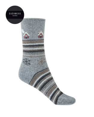 Chaussettes cachemire/laine - bordures - revers roulé Couleur Gris - 1