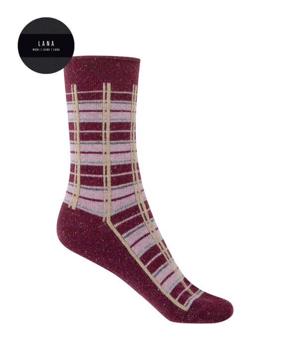 Chaussettes cachemire/laine - à carreaux - revers roulé Couleur Bordeaux - 1